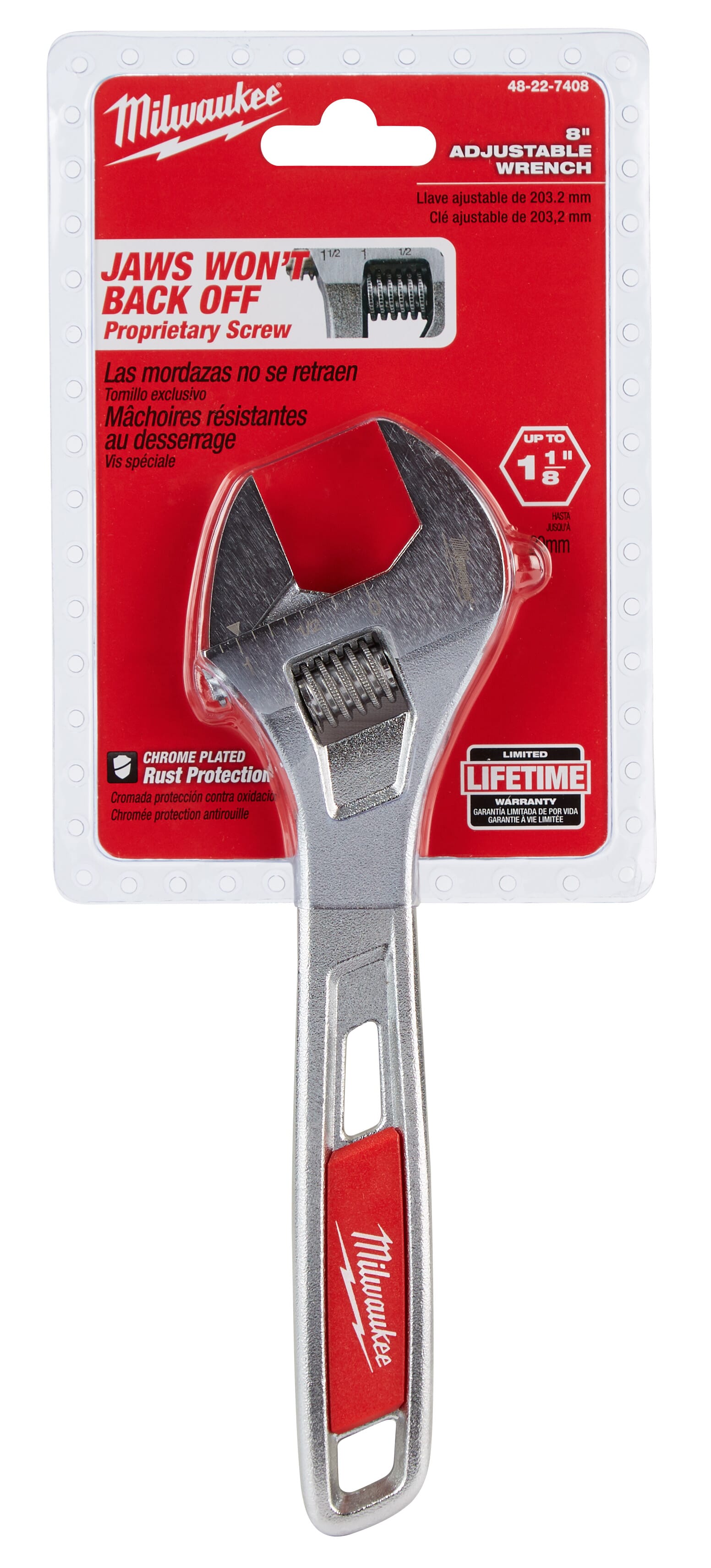 Milwaukee® 48-22-7408 Uninsulated Adjustable Wrench, 1-1/8 in, Polished Chrome, 8 in OAL, Steel Body, ASME Specified, Steel
